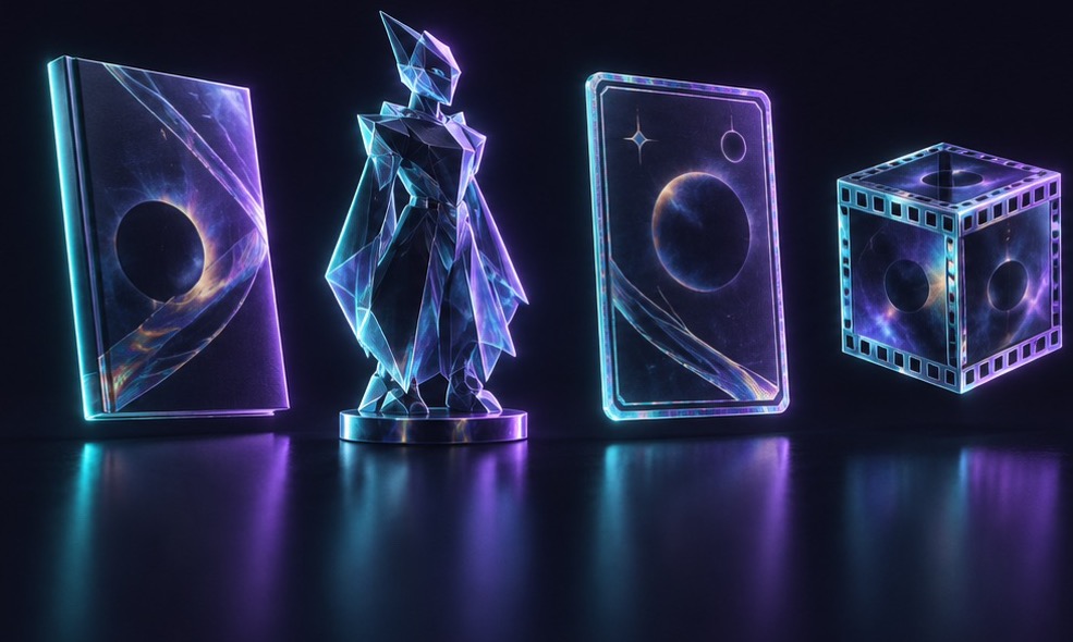 Comic, figure, card, and film editions rendered as collectible objects